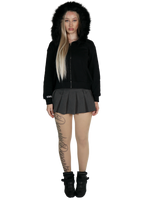 Person wearing a black hoodie with fur hood, black skirt, and black boots on a white background