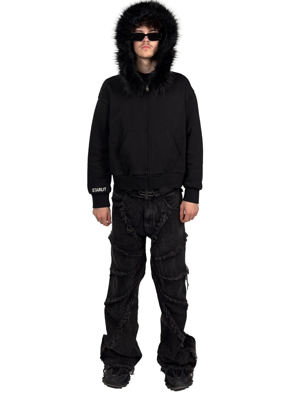 Front view of a model wearing a Starlit fur hoodie with fur and hood on, highlighting the luxurious fur details and contemporary streetwear style.