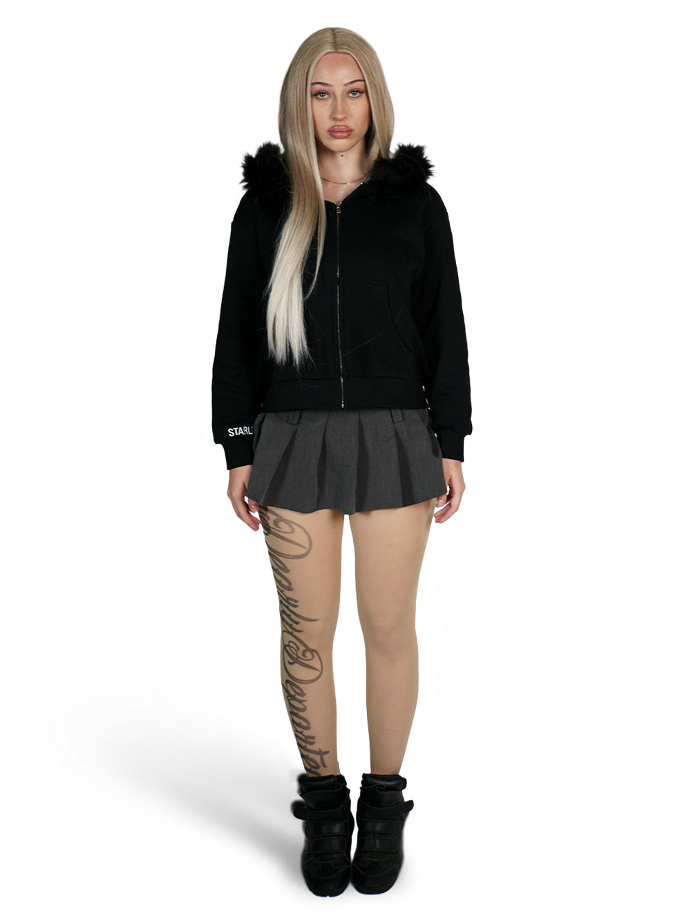 Model in Black Fur-Zip Hoodie, Black Skirt & Boots, Studio