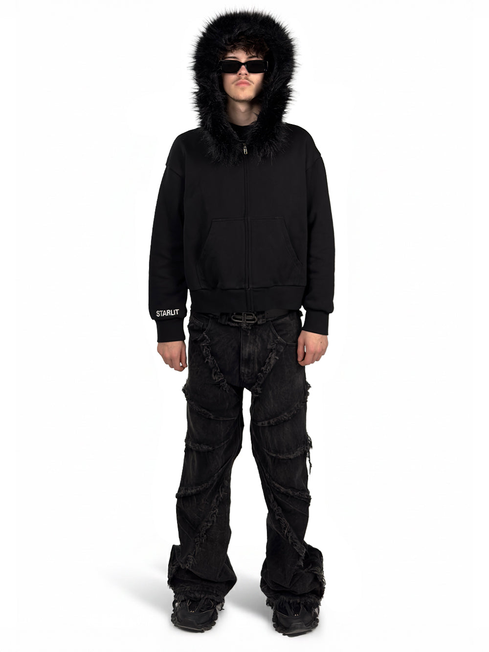 Model in Black Fur-Zip Hoodie, Studio