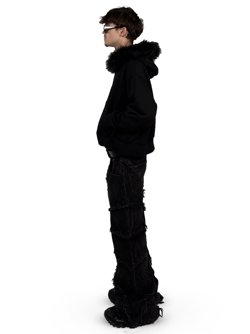 Model in Black Fur-Zip Hoodie, Studio