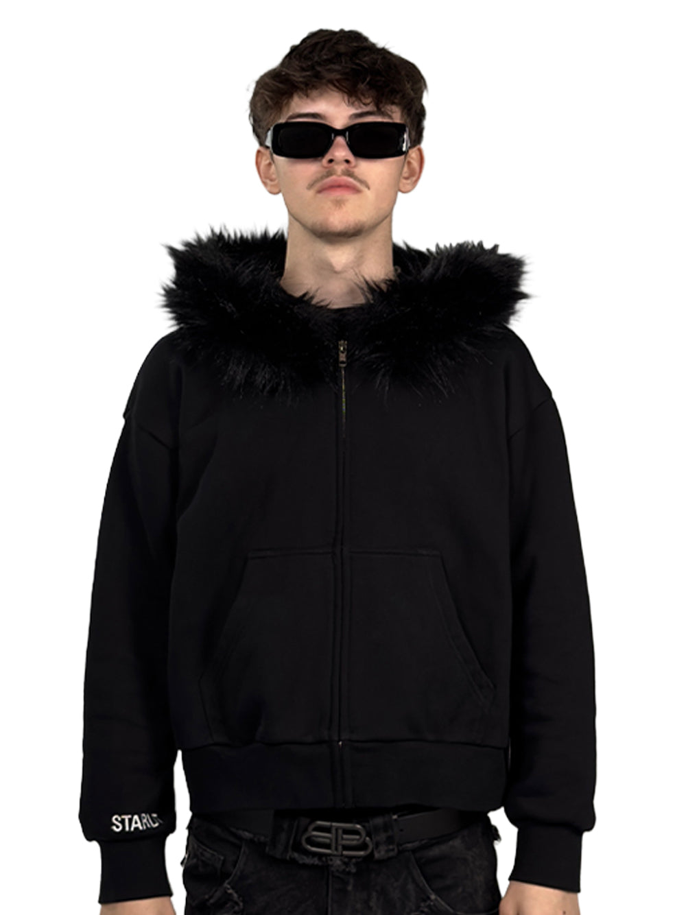 Model in Fur-Zip Hoodie, Black, Studio