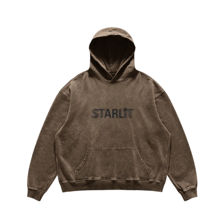 Brown hoodie featuring a blurred ‘STARLIT’ print in black, offering a bold streetwear aesthetic with a modern twist.