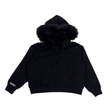 Starlit black fur hoodie with luxurious fur details, combining premium comfort and bold streetwear design.