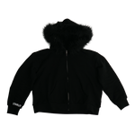 Black jacket with fur hood on a white background