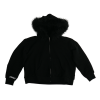 Black jacket with fur hood on a white background