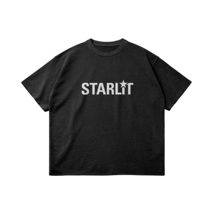 Black T-shirt with bold ‘STARLIT’ white print, a minimalist design blending streetwear and luxury.